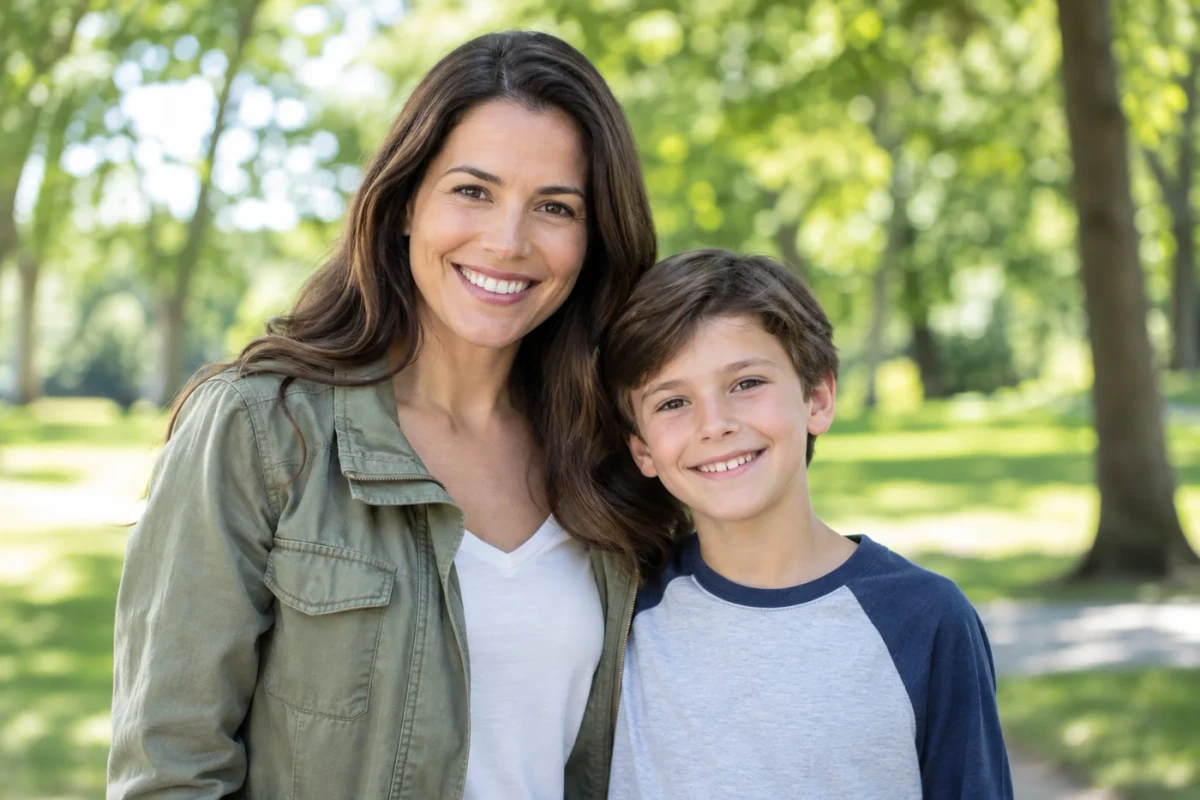 Parent and child smiling at the camera outdoors