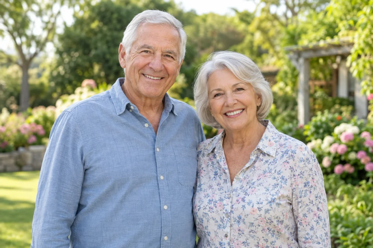 Older couple smiling at the camera outdoors