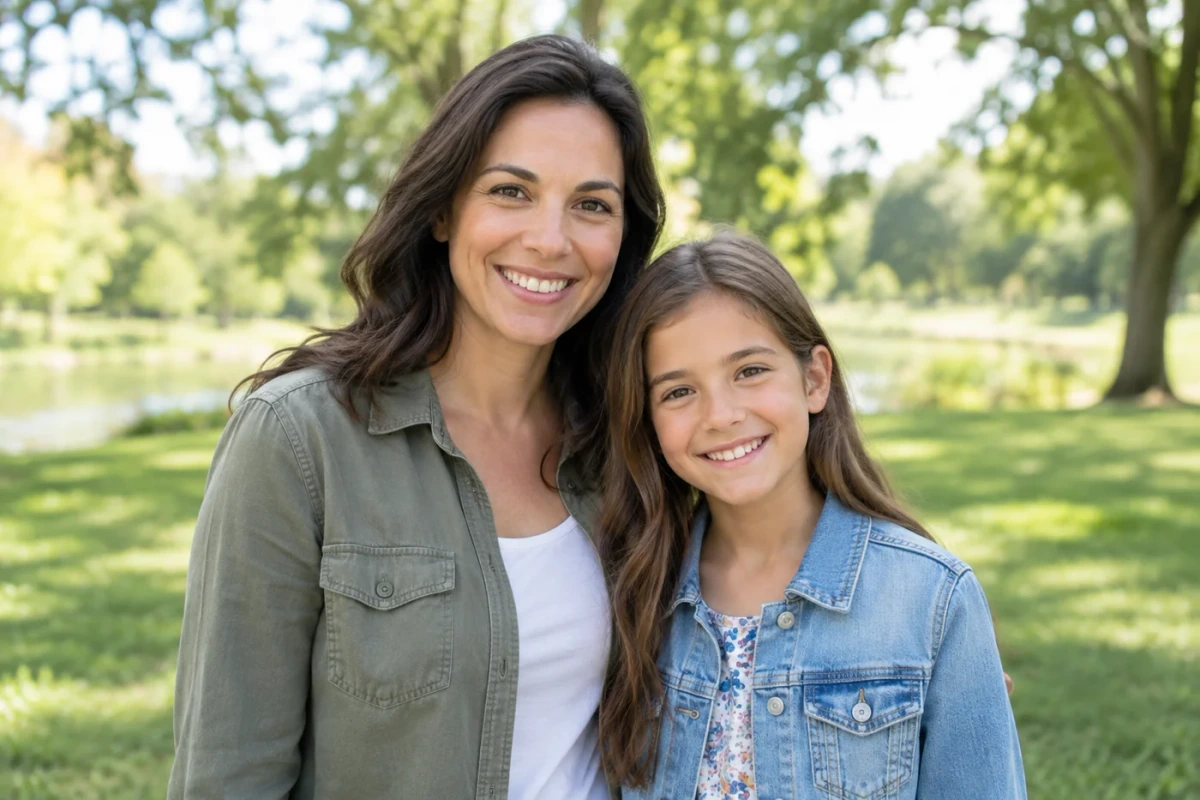 Parent and child smiling at the camera outdoors